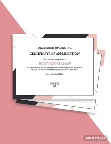 appreciation certificate template for employee merit