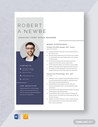 assistant front office manager resume template