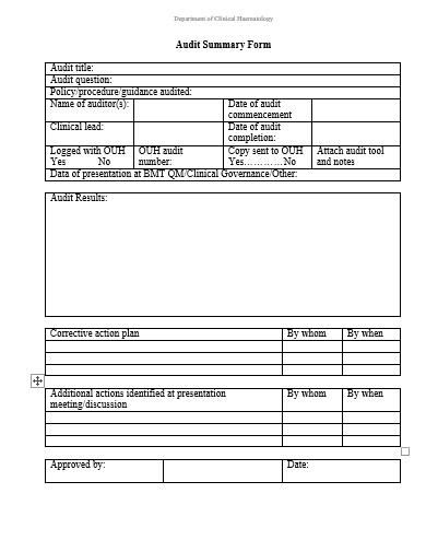 audit summary form template