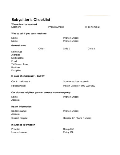 babysisters checklist format