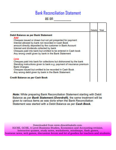 bank reconciliation statement template