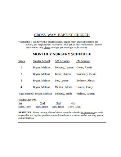 baptist church nursery schedule template