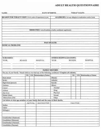 basic adult health questionnaire template