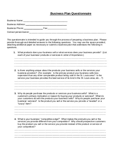 business plan questionnaire sample