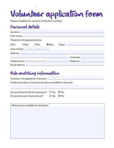 basic charity volunteer application form template