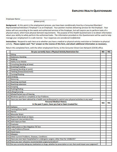 basic employee health questionnaire template