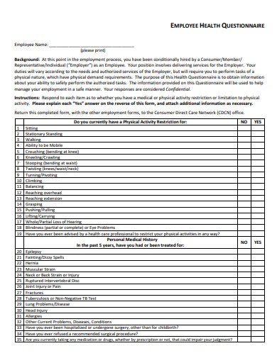 basic employee health questionnaire template