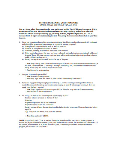 basic fitness screening questionnaire template