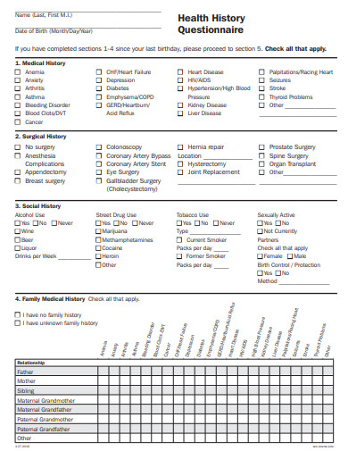 basic health history questionnaire