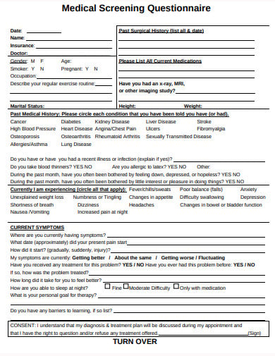 basic medical screening questionnaire template
