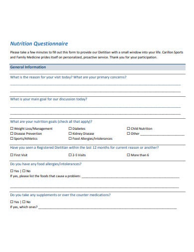 basic nutrition questionnaire format