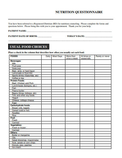 basic nutrition questionnaire in pdf
