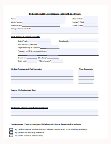 basic pediatric health questionnaire template