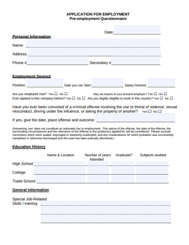 15+ Pre-Employment Questionnaire Templates in PDF | MS Word | Free ...