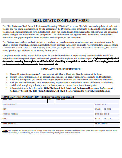 basic real estate complaint form template