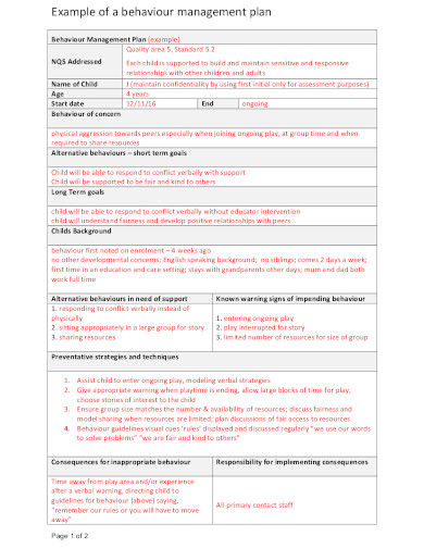 behaviour management plan example in pdf