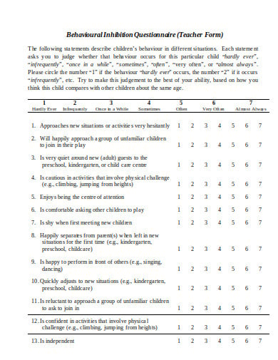 behaviour questionnaire format