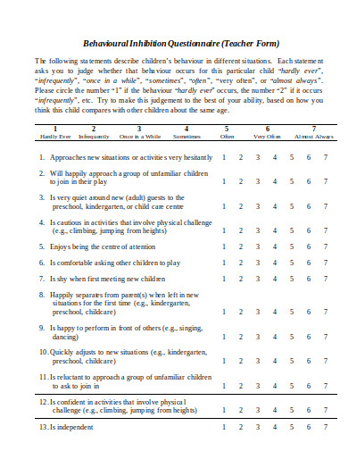 behaviour questionnaire format