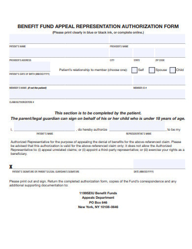 benefit fund appeal representation authorization form template