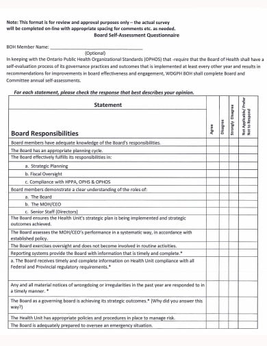board of health committee self evaluation questionnaire template