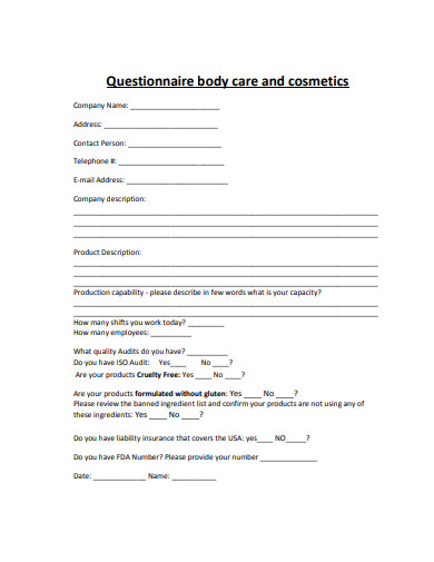 body care cosmetic questionnaire
