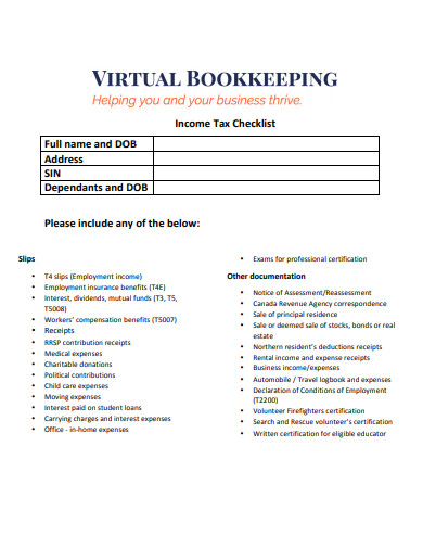 bookkeeping income tax checklist