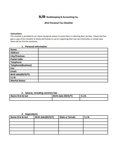 bookkeeping personal tax checklist