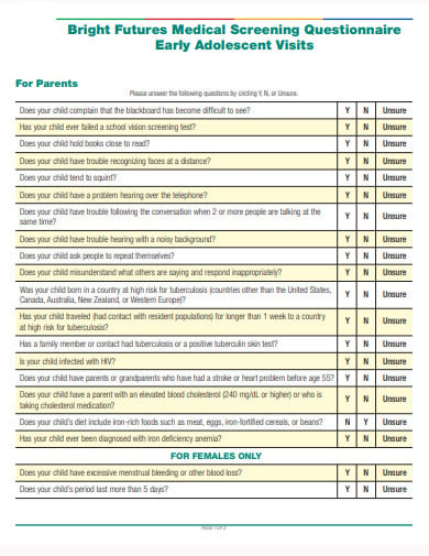 bright futures medical screening questionnaire template