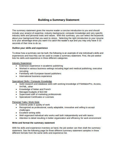 buiding summery statement template
