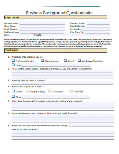 business background questionnaire template