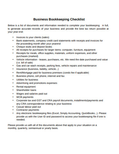 business bookkeeping checklist