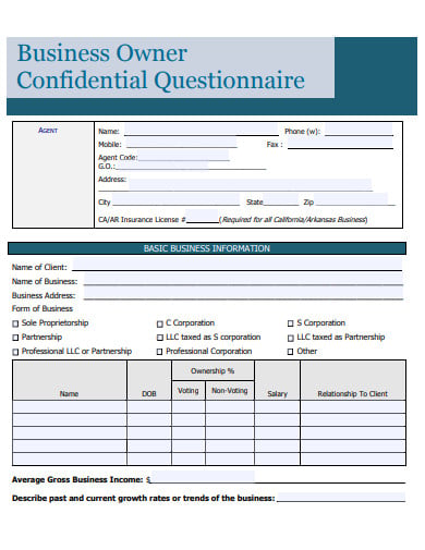 business owner confidential questionnaire template