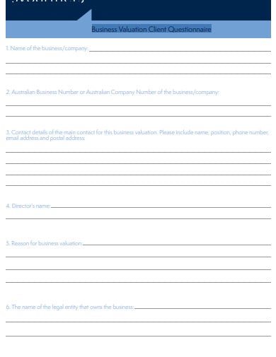 business valuation client questionnaire