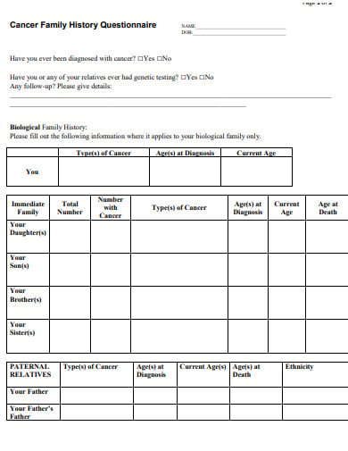 cancer family health questionnaire template