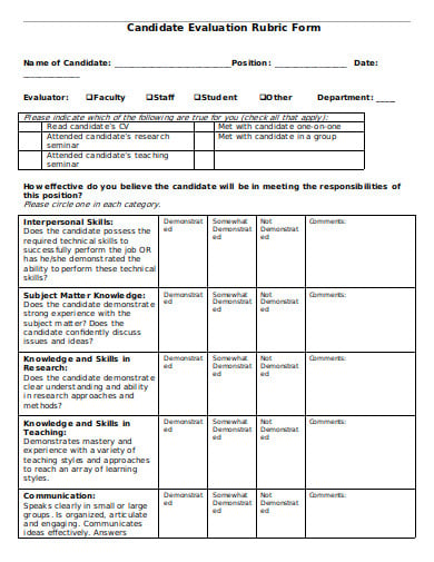 candidate evaluation rubric form template