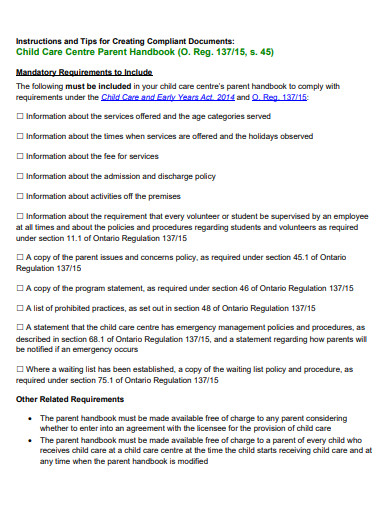 care centre parent handbook template