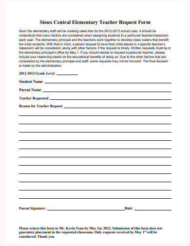 central elementary teacher request form template