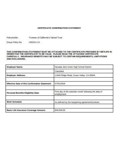 certificate confirmation statement template