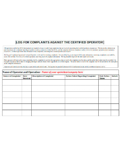 certified-operator-complaint-log-template