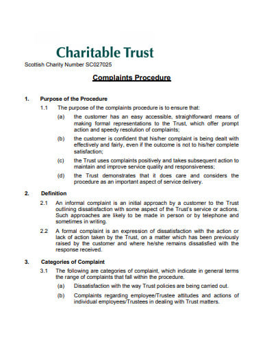 charitable trust complaints procedure policy format