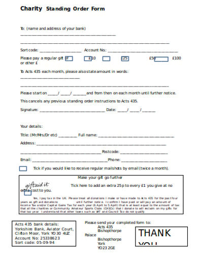 charity standing donation order form