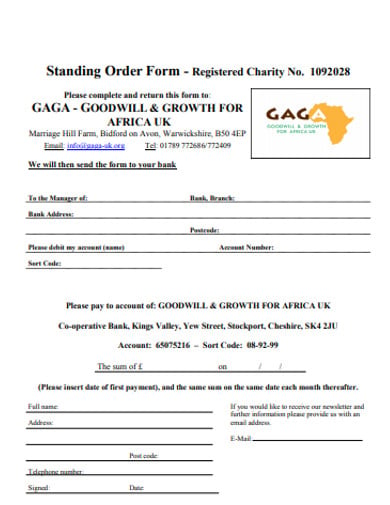 charity standing general order form