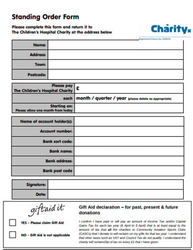 charity standing hospital order form