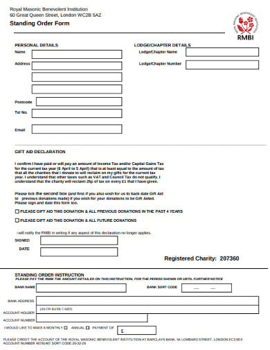 charity standing personal order form