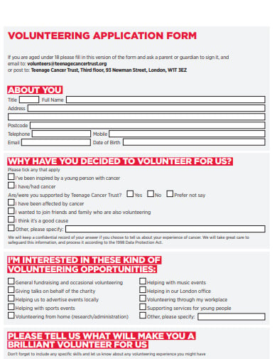 charity volunteer application form example