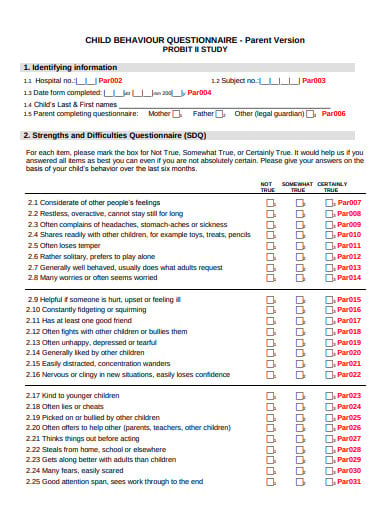 child behaviour questionnaire template