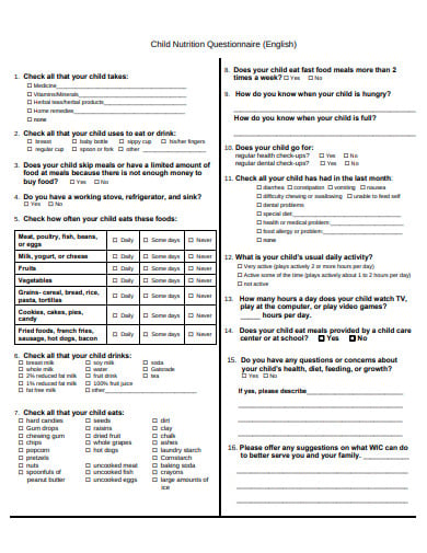 child nutrition questionnaire format