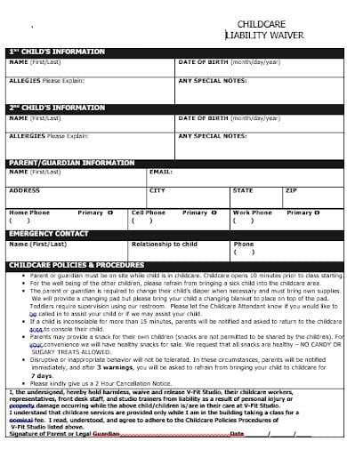 childcare liability wavier template in doc