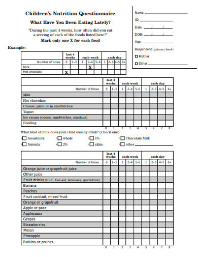 children nutrition questionnaire example