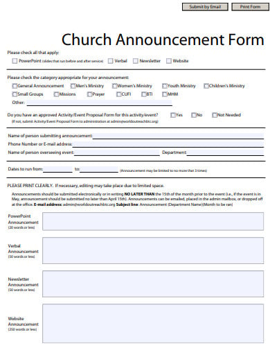 church event announcement form template